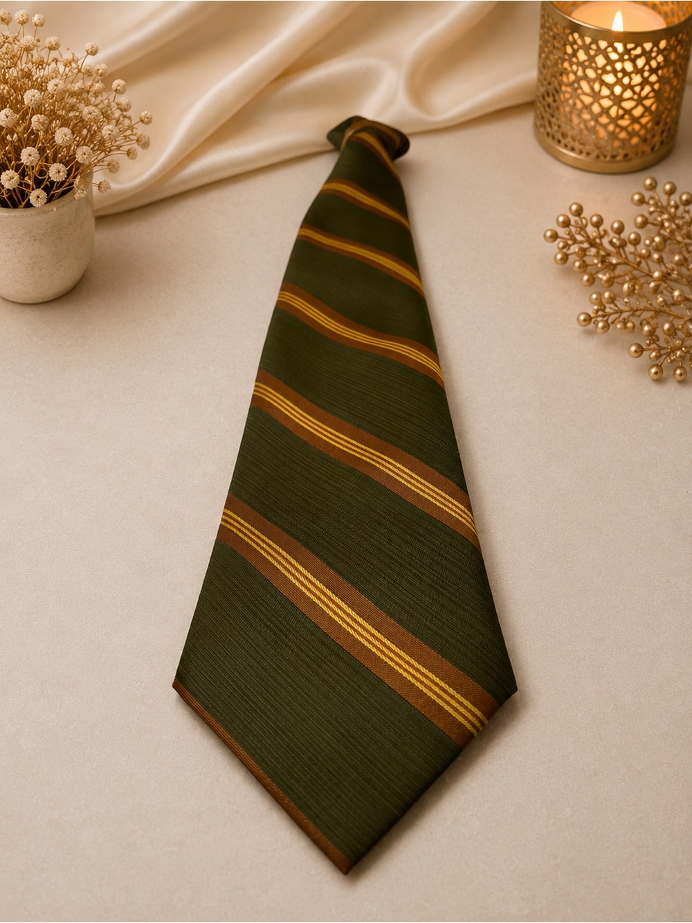 Men’s Striped Clip-On Necktie – Olive Green, Brown & Gold